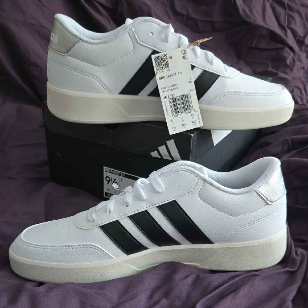Adidas Woman's Breaknet 3.0 White Sneakers with Black Stripes 9.5